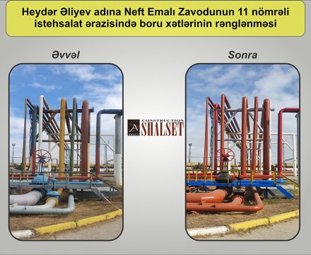 Heydər Əliyev adına Neft Emalı Zavodunun istehsalat sahələrində aparat, estakada və boru xətlərinin rənglənməsi.