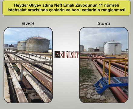 Heydər Əliyev adına Neft Emalı Zavodunun istehsalat sahələrində aparat, estakada və boru xətlərinin rənglənməsi.