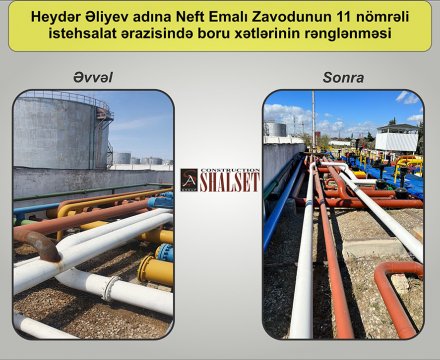 Heydər Əliyev adına Neft Emalı Zavodunun istehsalat sahələrində aparat, estakada və boru xətlərinin rənglənməsi.
