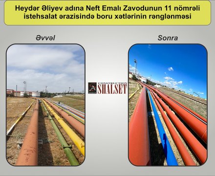 Heydər Əliyev adına Neft Emalı Zavodunun istehsalat sahələrində aparat, estakada və boru xətlərinin rənglənməsi.